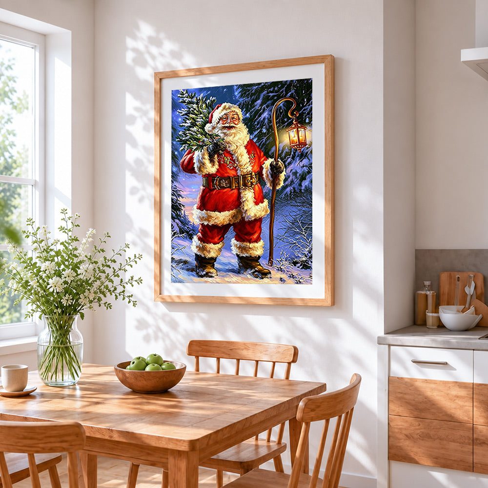 Traditional santa with lantern cross stitch artwork displayed on wall as home decor