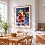 Traditional santa with lantern cross stitch artwork displayed on wall as home decor