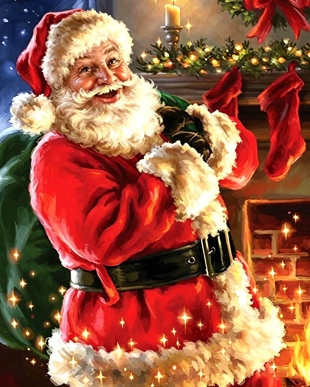 Traditional smiling santa with green sack cross stitch kit for beginners