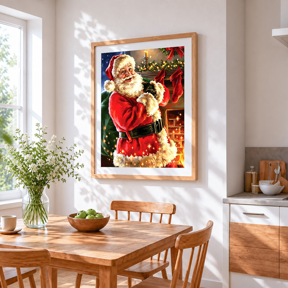 Traditional smiling santa with green sack cross stitch artwork displayed on wall as home decor