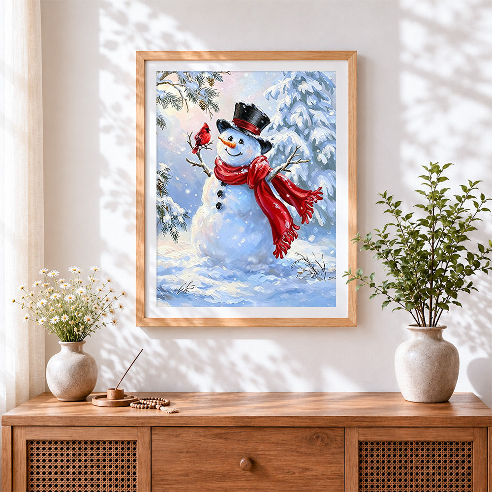 Finished traditional snowman and red cardinal bird cross stitch artwork displayed