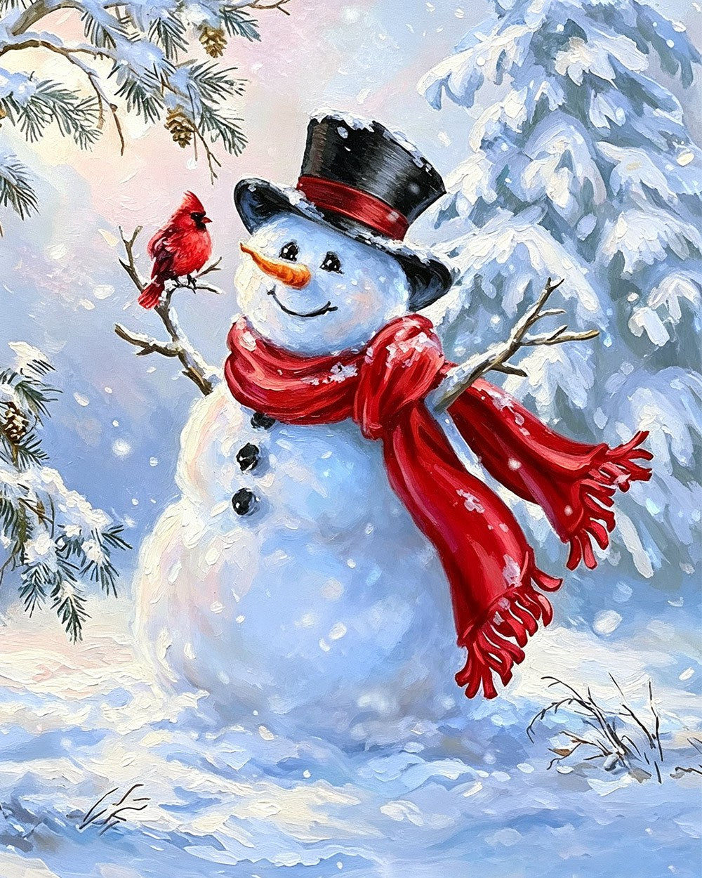Traditional snowman and red cardinal bird cross stitch kit for beginners