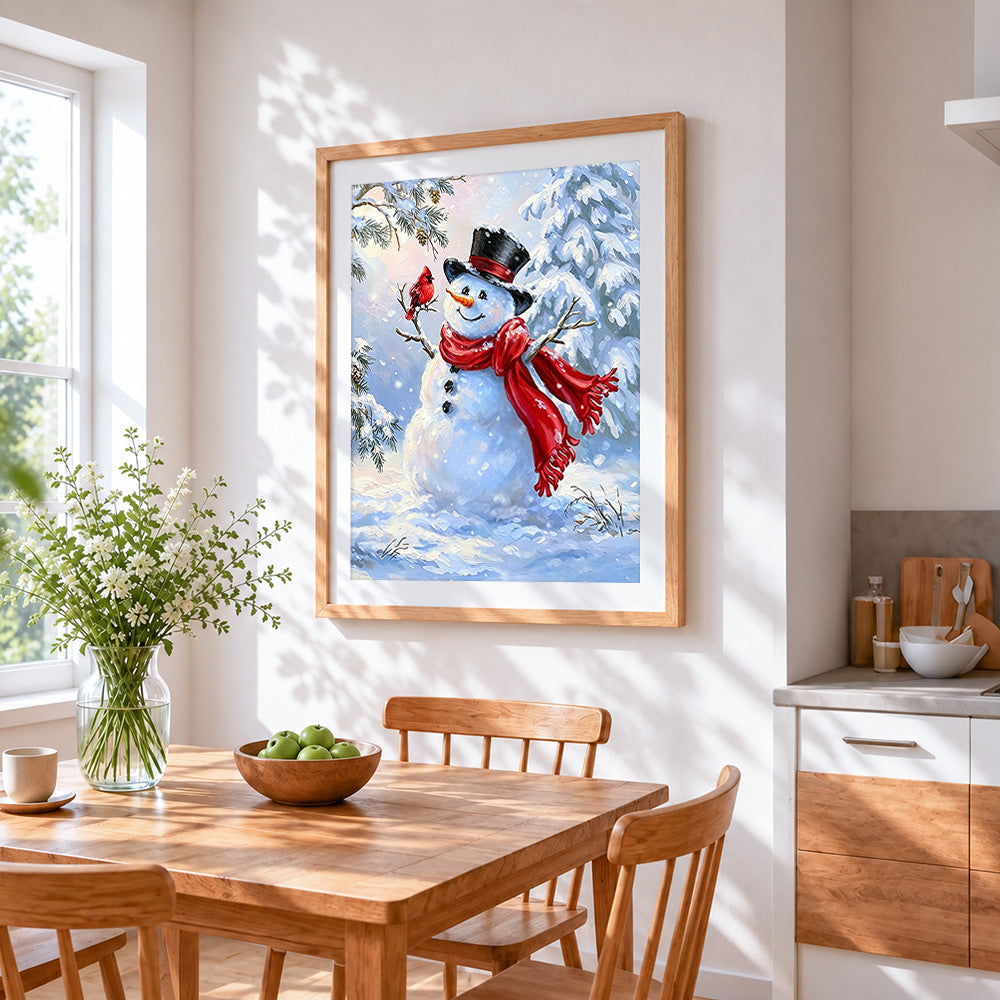 Traditional snowman and red cardinal bird cross stitch artwork displayed on wall as home decor