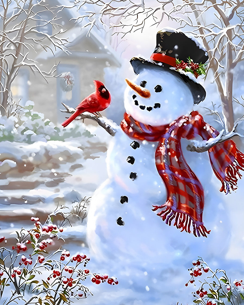 Traditional snowman and red cardinal in the snow cross stitch kit for beginners