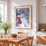 Traditional snowman and santa's sleigh cross stitch artwork displayed on wall as home decor