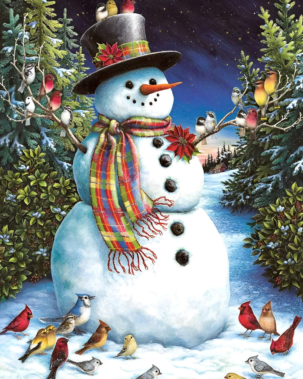 Traditional snowman and winter birds cross stitch kit for beginners