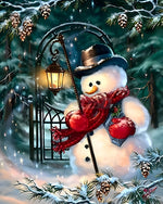 Traditional snowman with lantern in a winter forest cross stitch kit for beginners