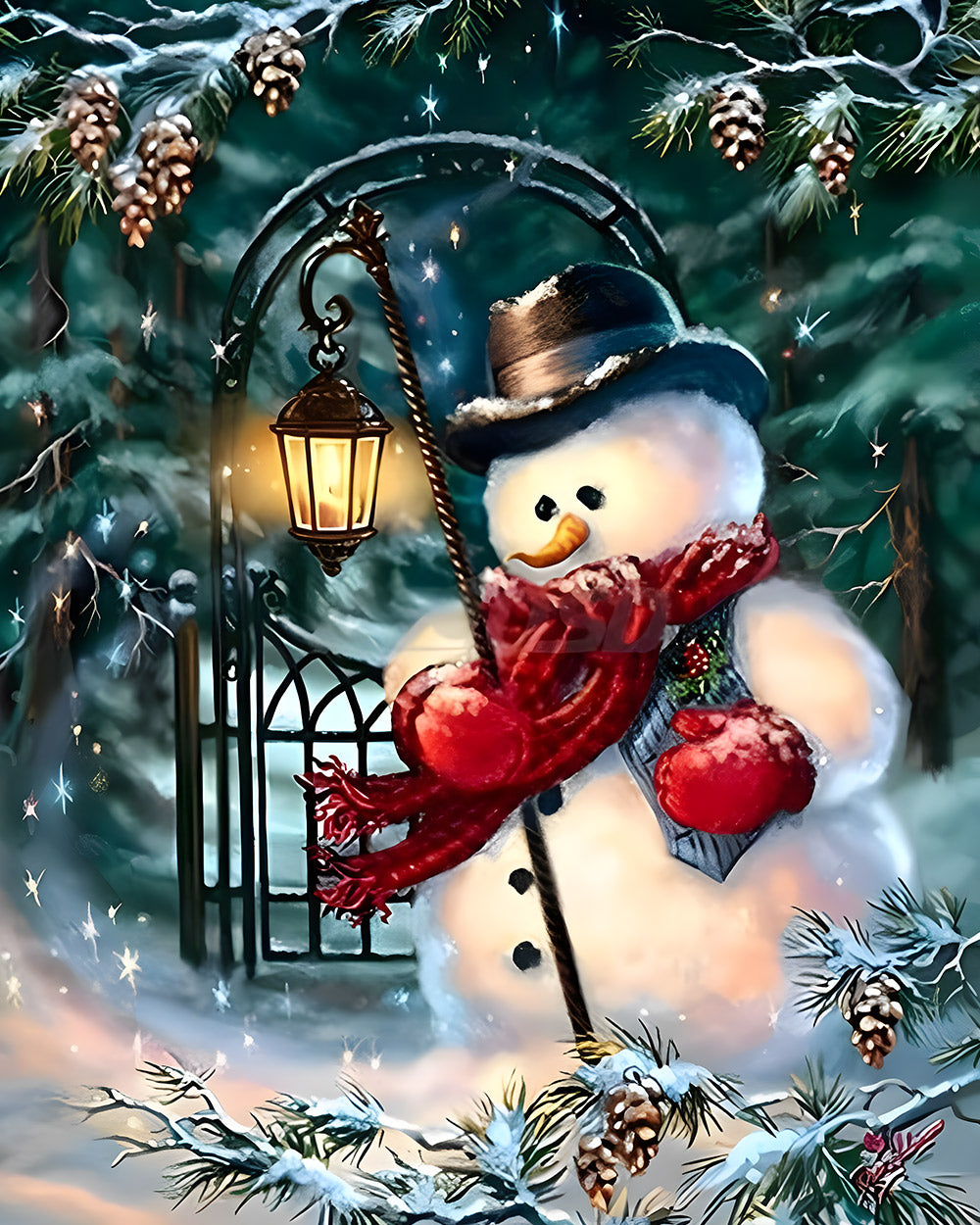 Traditional snowman with lantern in a winter forest cross stitch kit for beginners