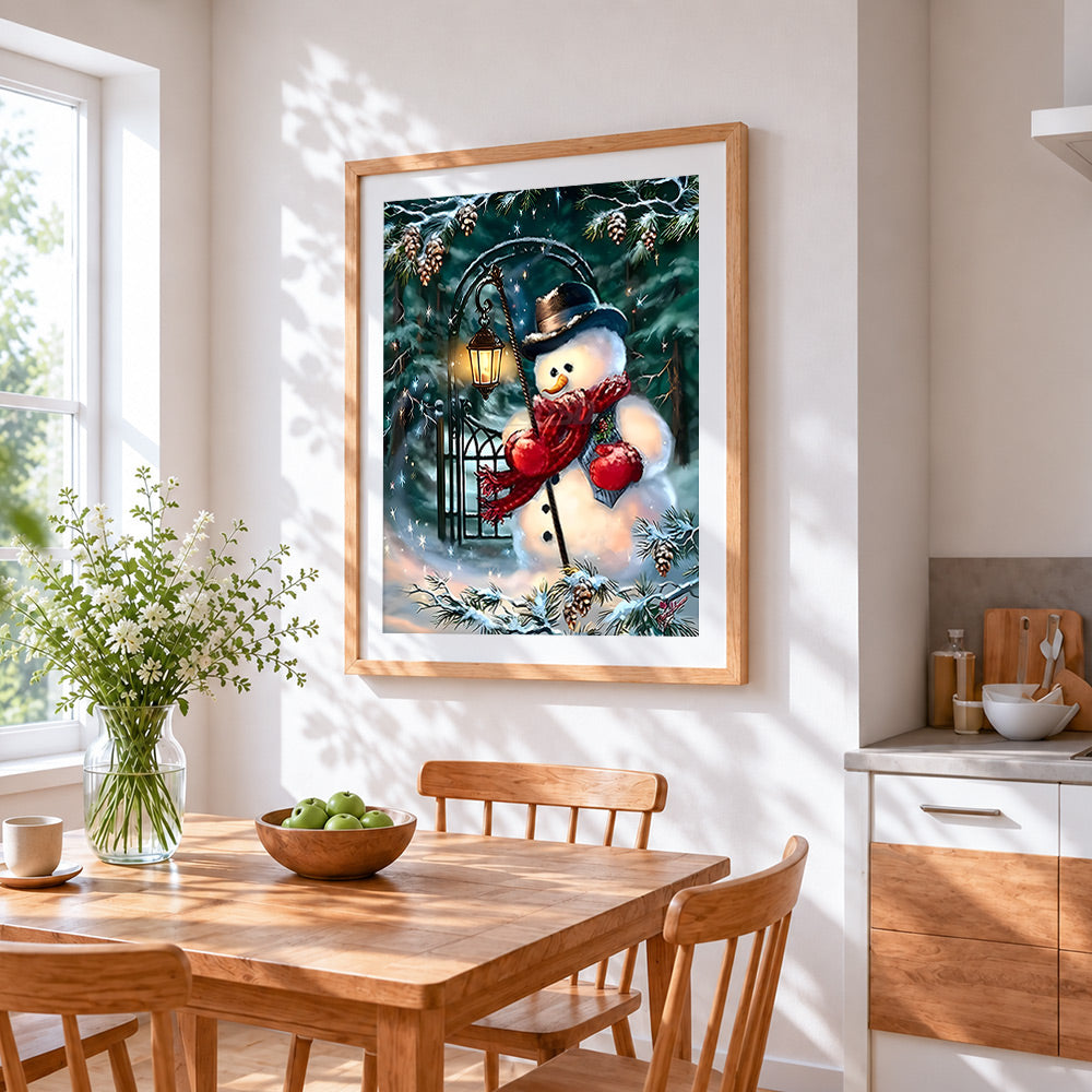 Traditional snowman with lantern in a winter forest cross stitch artwork displayed on wall as home decor