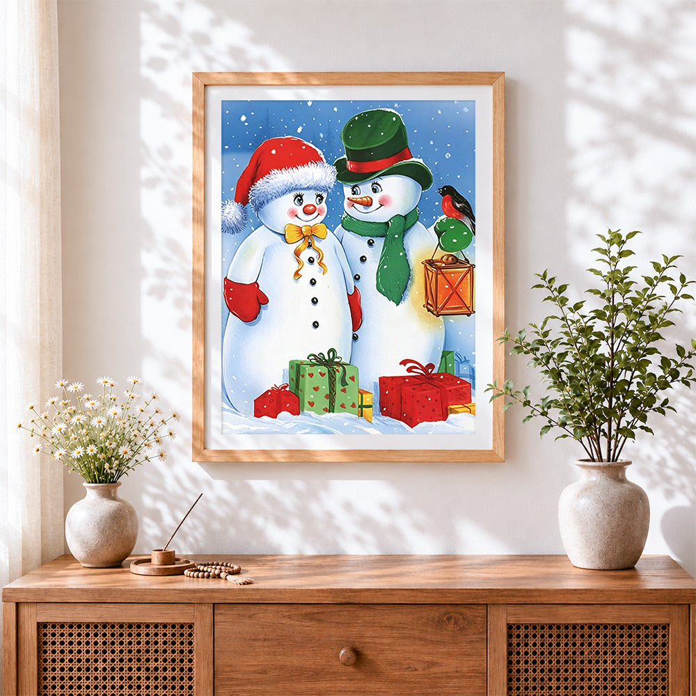 Finished traditional snowmen with gifts cross stitch artwork displayed