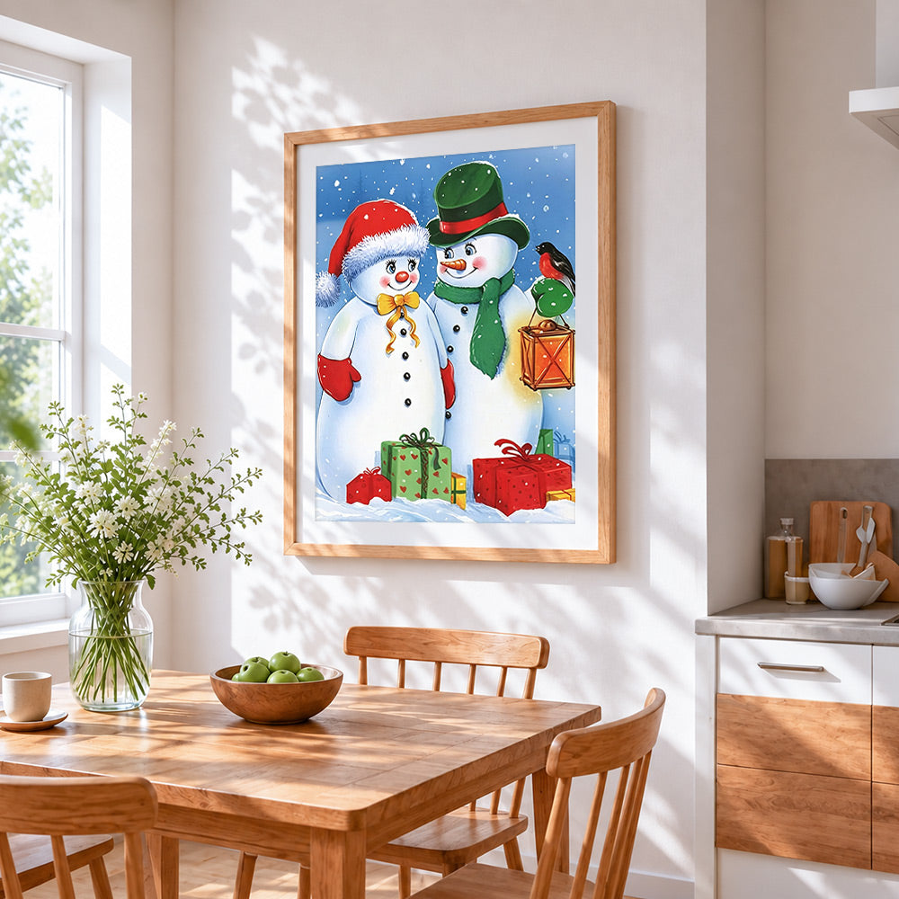Traditional snowmen with gifts cross stitch artwork displayed on wall as home decor