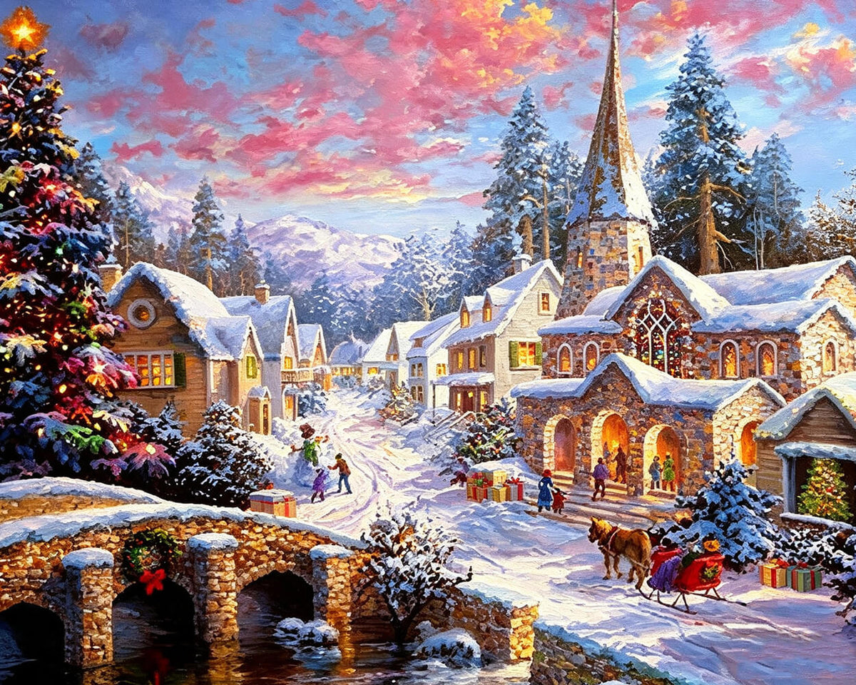 Traditional snowy village and church cross stitch kit for beginners