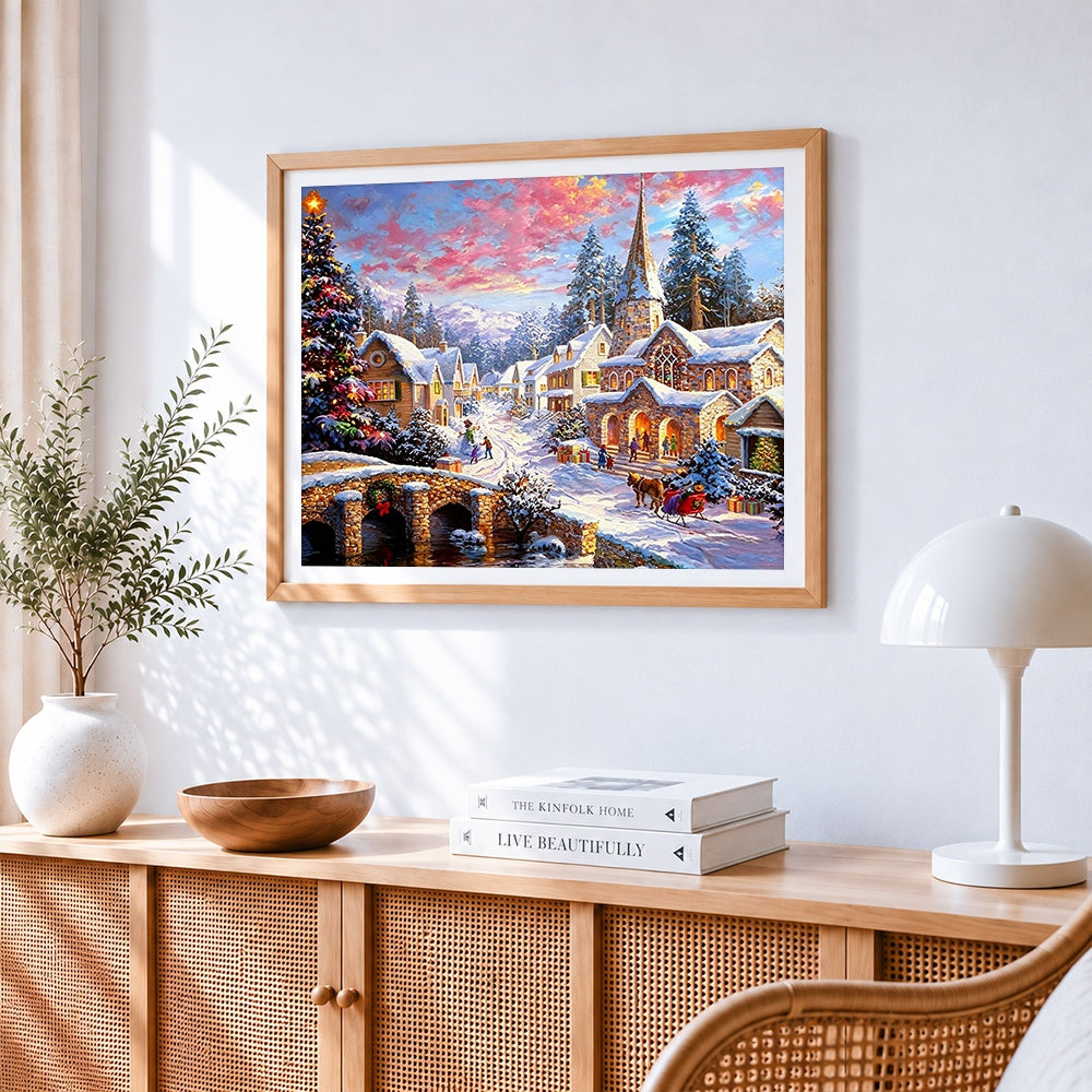 Traditional snowy village and church paint by numbers artwork displayed on wall as home decor