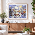 Finished traditional snowy village with horse-drawn sleigh cross stitch artwork displayed