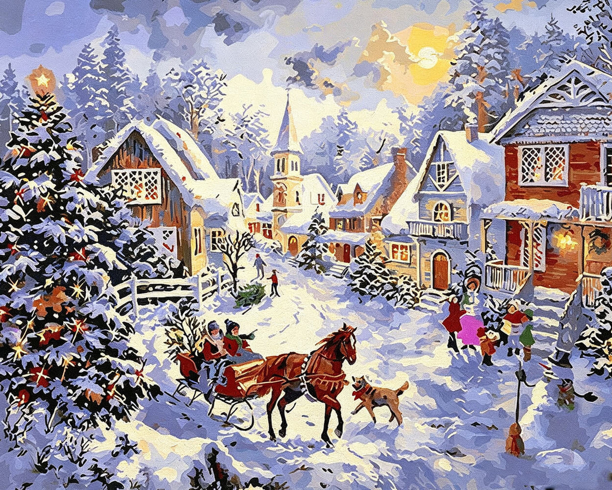 Traditional snowy village with horse-drawn sleigh cross stitch kit for beginners