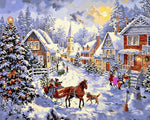 Traditional snowy village with horse-drawn sleigh cross stitch kit for beginners