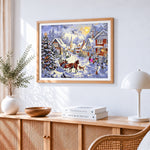 Traditional snowy village with horse-drawn sleigh cross stitch artwork displayed on wall as home decor