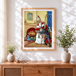 Finished traditional st nicholas with donkey cross stitch artwork displayed