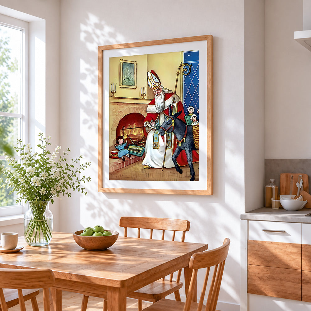 traditional st nicholas with donkey cross stitch artwork displayed on wall as home decor