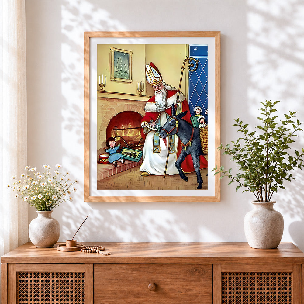 Finished traditional st nicholas with donkey paint by numbers artwork displayed as home decor