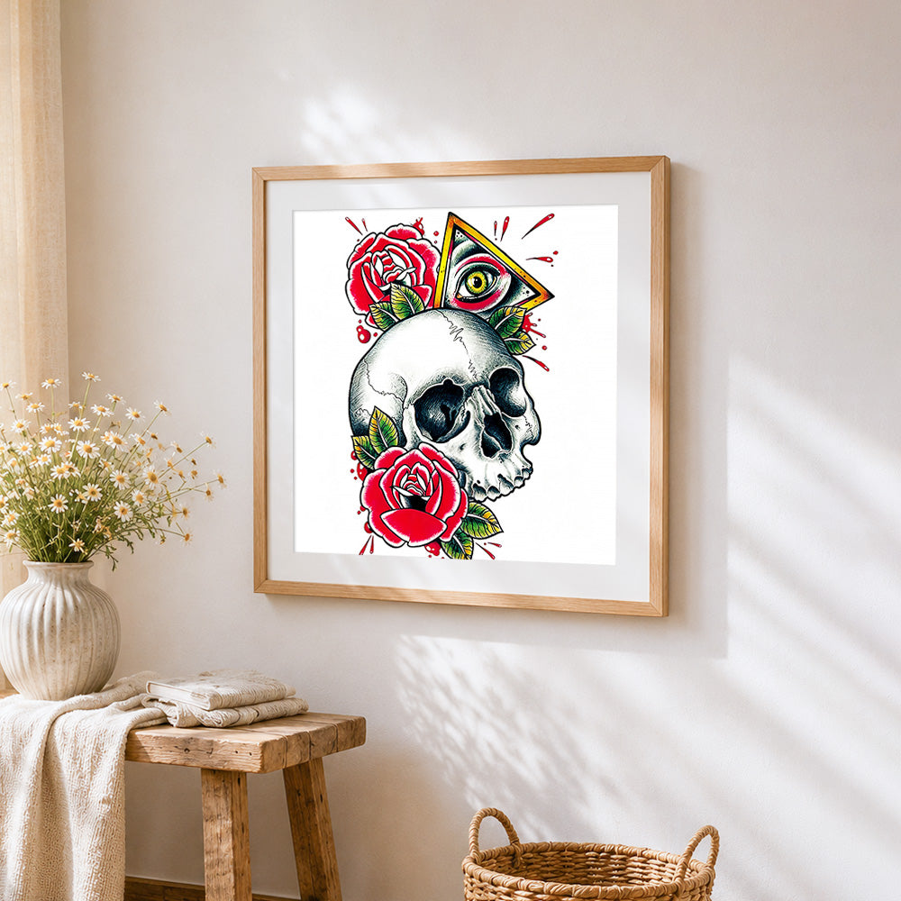 Traditional tattoo style skull with roses cross stitch artwork displayed on wall as home decor