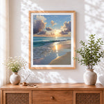 Finished tranquil ocean sunset and waves cross stitch artwork displayed