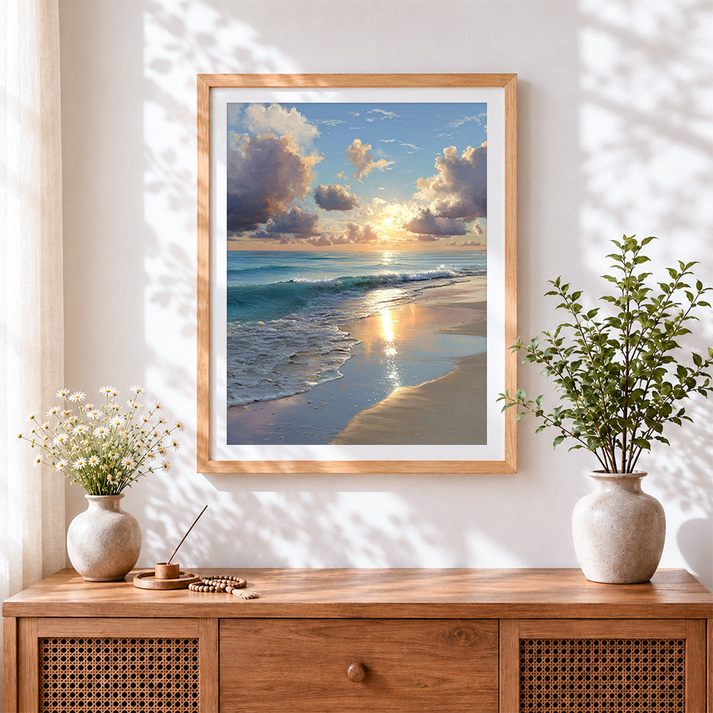 Finished tranquil ocean sunset and waves paint by numbers artwork displayed as home decor