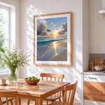 Tranquil ocean sunset and waves paint by numbers artwork displayed on wall as home decor