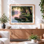 Finished tropical beach and blue boat cross stitch artwork displayed
