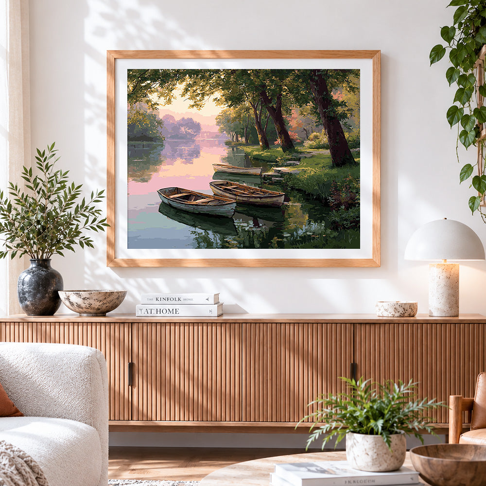Finished tranquil river boats at dusk paint by numbers artwork displayed as home decor