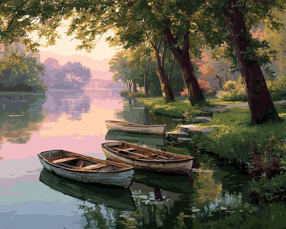 Tranquil river boats at dusk paint by numbers kit for beginners