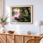 Tranquil river boats at dusk paint by numbers artwork displayed on wall as home decor