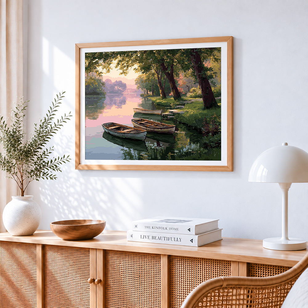 Tranquil river boats at dusk paint by numbers artwork displayed on wall as home decor