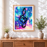 Finished treble clef heart in space cross stitch artwork displayed