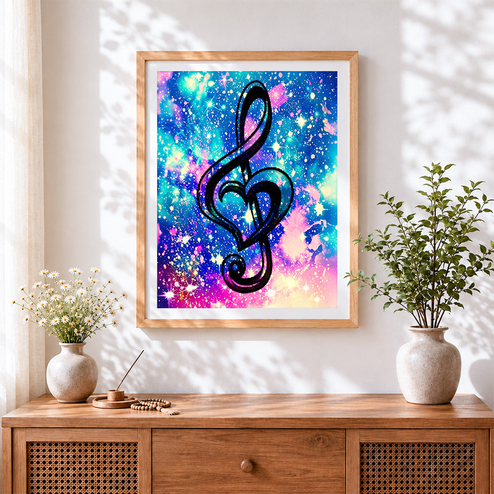 Finished treble clef heart in space cross stitch artwork displayed