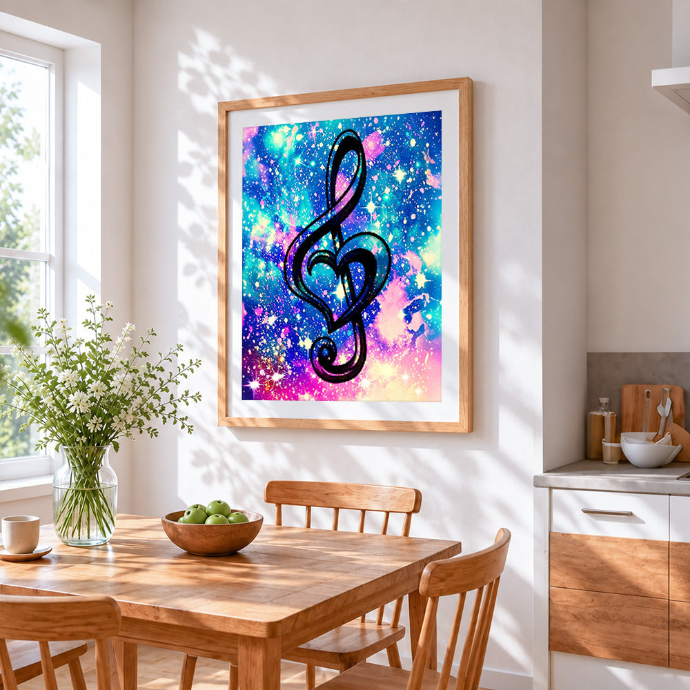 Treble clef heart in space cross stitch artwork displayed on wall as home decor