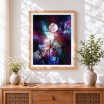 Finished tree branches and full moon in a starry sky cross stitch artwork displayed