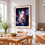 Tree branches and full moon in a starry sky cross stitch artwork displayed on wall as home decor