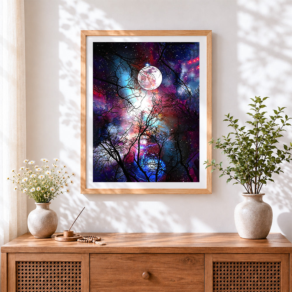 Finished tree branches and full moon in a starry sky paint by numbers artwork displayed as home decor