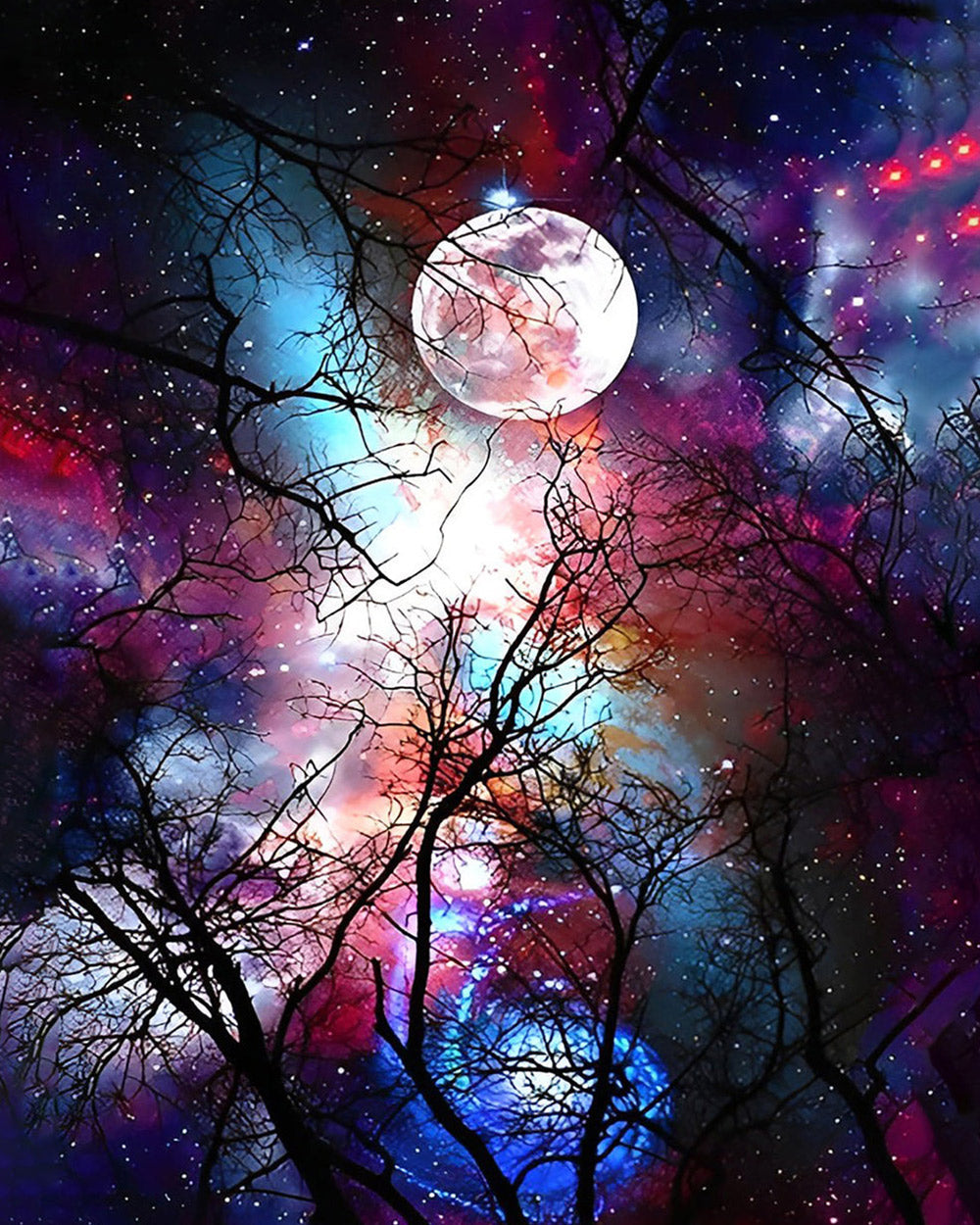 Tree branches and full moon in a starry sky paint by numbers kit for beginners