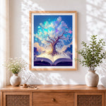 Finished tree growing from an open book cross stitch artwork displayed