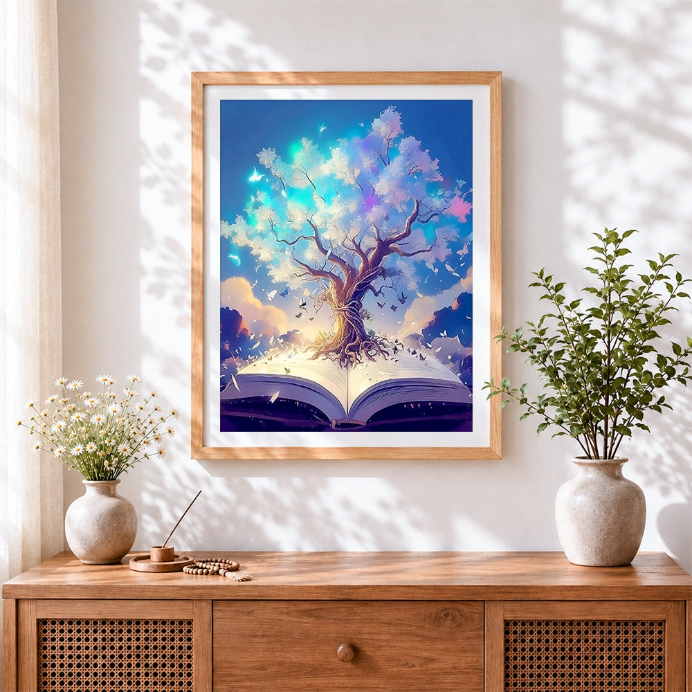 Finished tree growing from an open book cross stitch artwork displayed