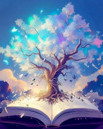 Tree growing from an open book cross stitch kit for beginners