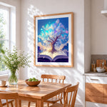 Tree growing from an open book cross stitch artwork displayed on wall as home decor