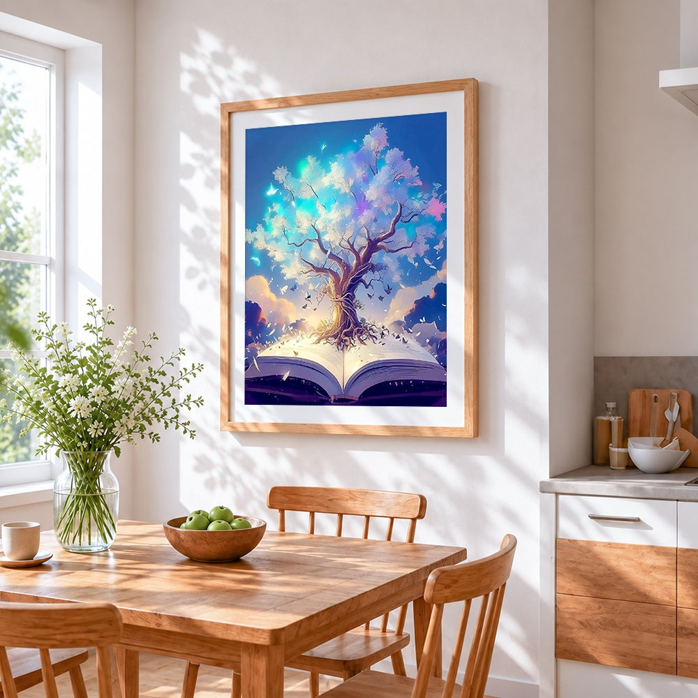 Tree growing from an open book cross stitch artwork displayed on wall as home decor