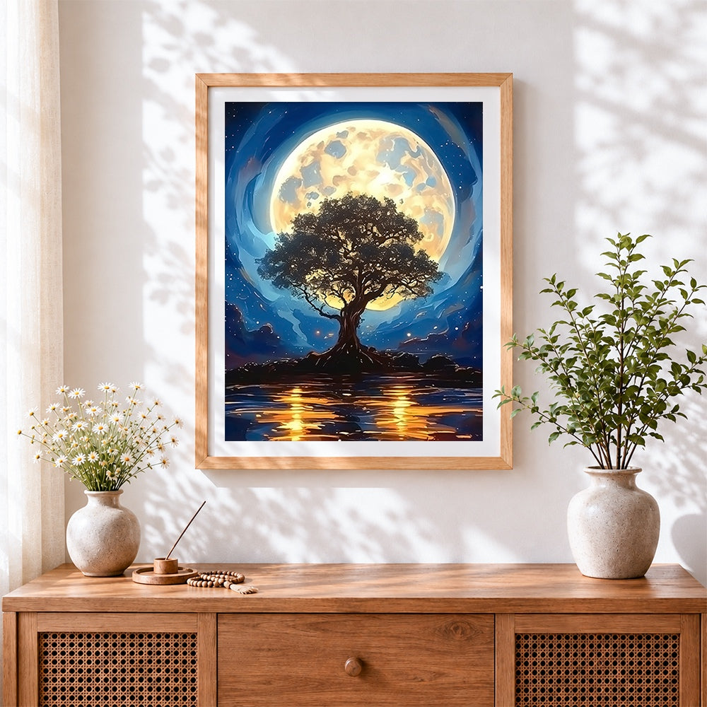 Finished tree of life under a full moon paint by numbers artwork displayed as home decor