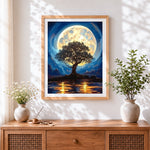 Finished tree of life under a full moon paint by numbers artwork displayed as home decor