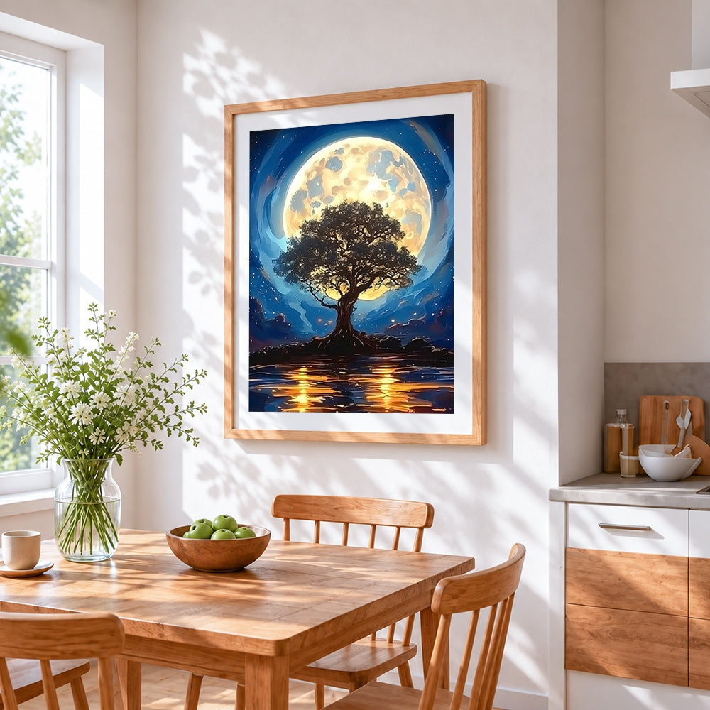 Tree of life under a full moon paint by numbers artwork displayed on wall as home decor