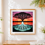 Finished tree of life with glowing roots cross stitch artwork displayed