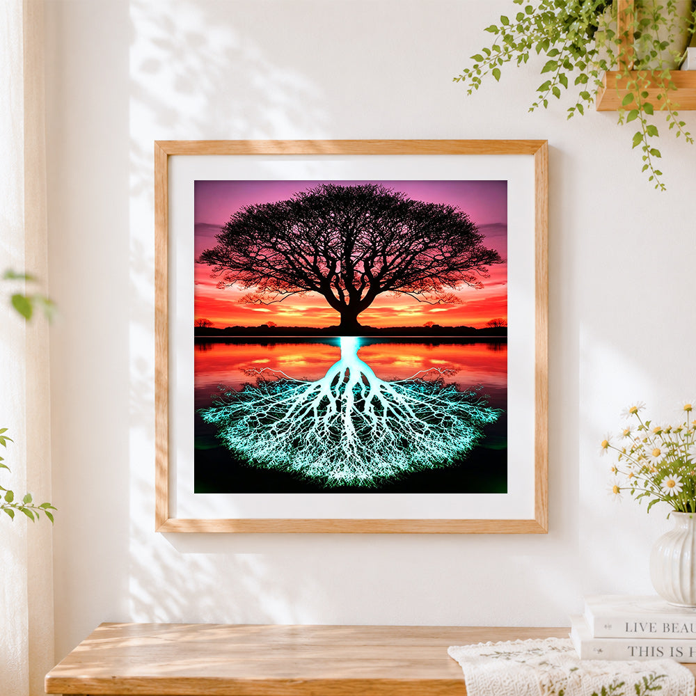 Finished tree of life with glowing roots cross stitch artwork displayed